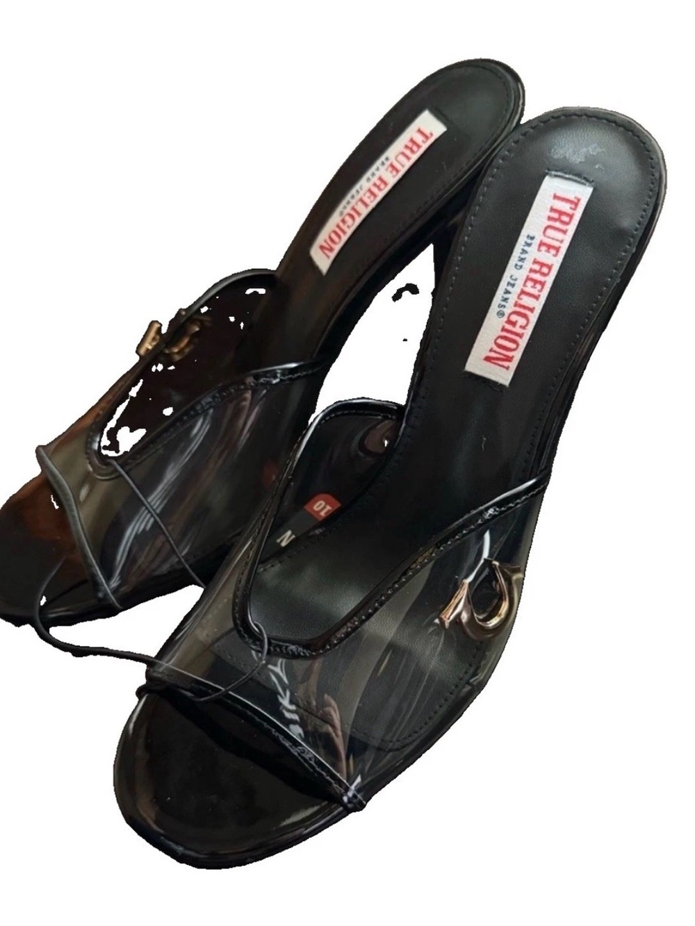 True Religion Women’s Black Open Toe Mule Stiletto Slip-On Heels US 10
